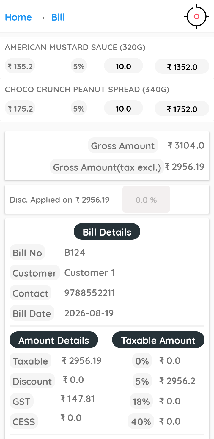 BillPad app — GST invoice screen